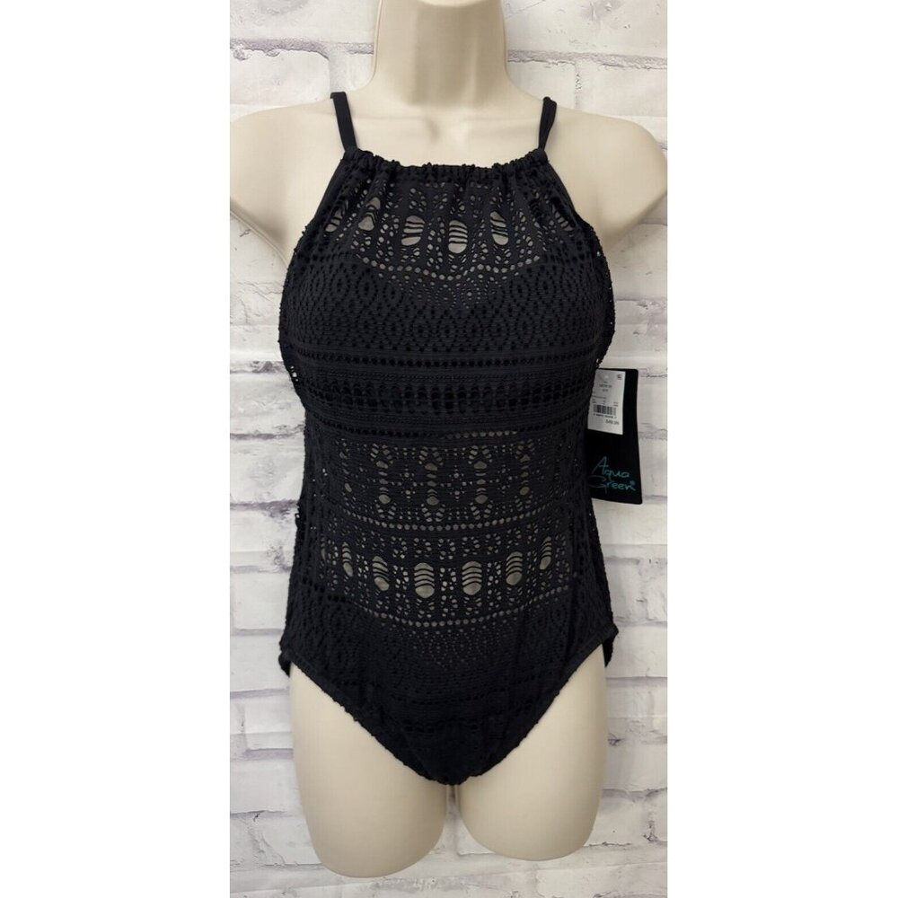 Aqua Green One Piece Swimsuit Med 8-10 Black Sheer Cut‎ Outs High Neck New